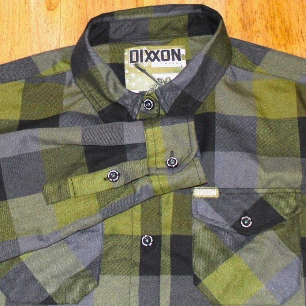 Dixxon Flannel Co The Patton Mens Olive Green Grey Black Plaid Excellent L/S